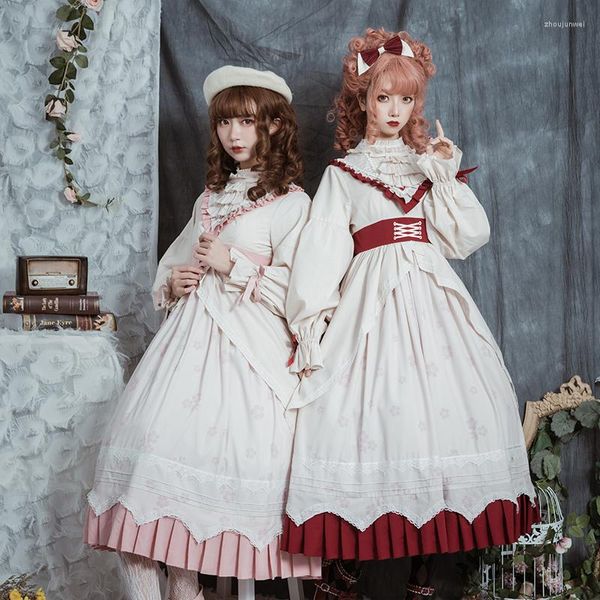 Fantasia de tema manga longa azul rosa lolita op vestidos para mulheres manto de cintura alta gothique lolitas vitoriana kawaii cosplay anime garotas