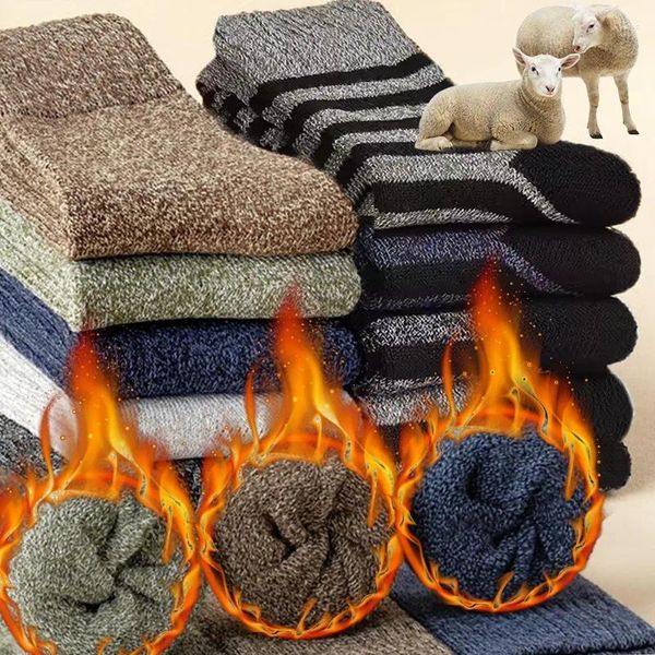 Meias masculinas 5 pares outono inverno de alta qualidade engrossado pelúcia super macio respirável elástico listrado lã merino quente à prova de frio