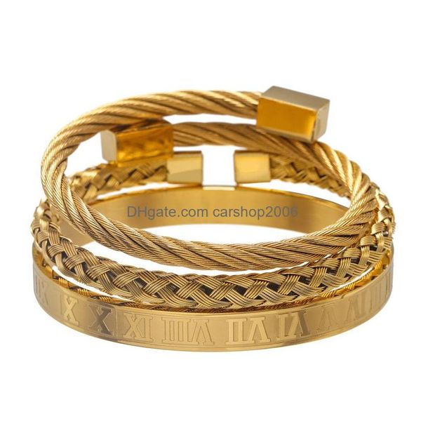 Charm Armbänder 3 teile/satz Römische Ziffer Herren Edelstahl Seil Schnalle Offene Punk Armreifen Gold Pseira Bileklik Armband Schmuck540453 Dhje3