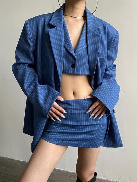 Jaquetas femininas design sentido listrado ombro almofadas um botão feminino casual terno cor sólida azul tendência casaco coreano negócios blazers