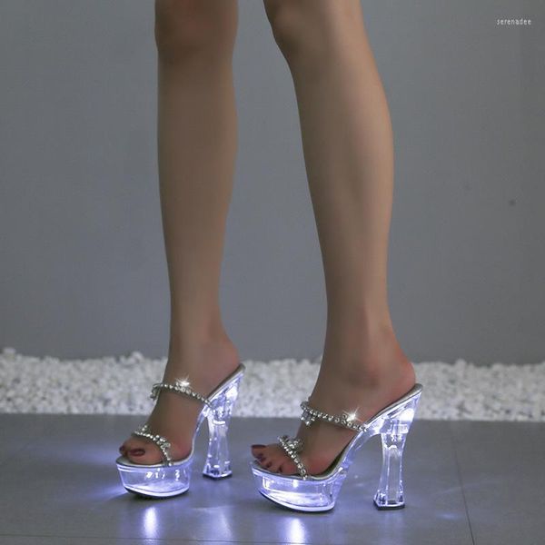 Pantofole da donna Sandali con tacco 14 cm Strass luminosi Discoteca Bling Passerella Crystal Pole Dance Serie 10365 4 cm LFD