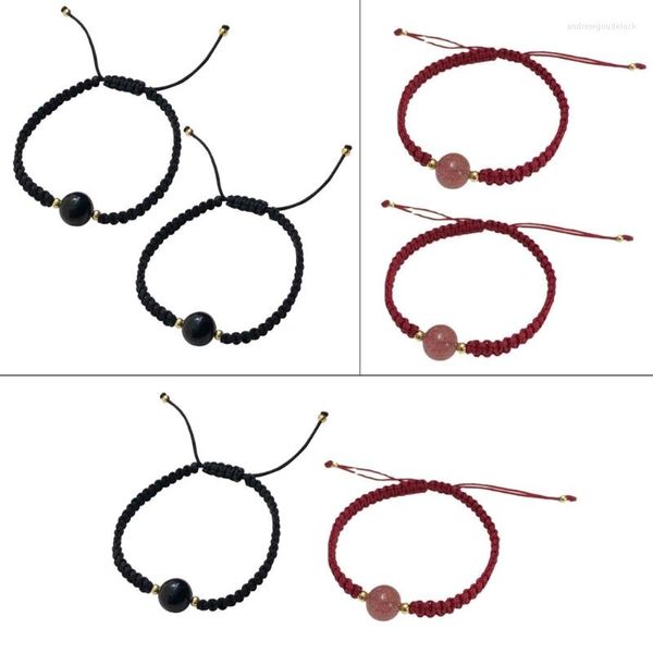 Bracelets de charme vermelho/preto de morango natural Obsidiano Stones Braid Chain Braid para homens Jóias de casal de homens