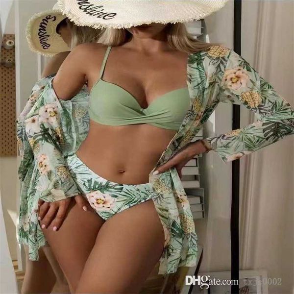 Designer roupas mulheres ternos de banho 3 peça roupas de praia floral impresso maiô mangas compridas cobrir com biquíni