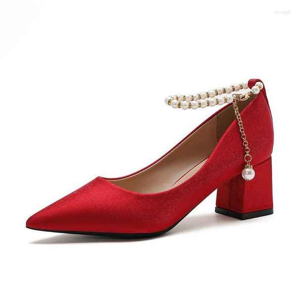 Elbise Ayakkabı Boyutu 31-43 2023 Saten Gelin Kadın Blok Topuk Kırmızı Orta Topuklu Kadınlar İçin