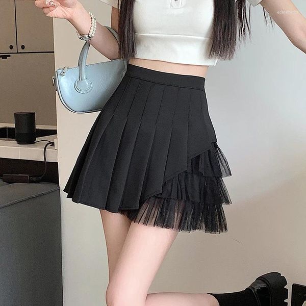 Saias coreanas irmã macia bonito tule retalhos plissado mini saia mulheres verão cintura alta a-line feminino casual curto