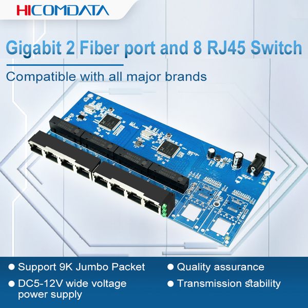 HICOMDATA Gigabit Switch Gigabit 2 Glasfaser-Port und 8 RJ45 Switch Gigabit Glasfaser-Switch 2*1000M Glasfaser-Port + 8*10M/100M/1000M Ethernet