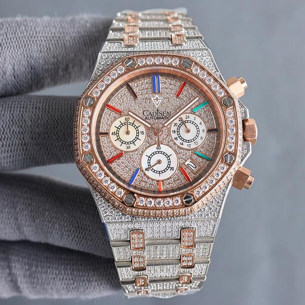 SF sf26333 Movimento cronografo al quarzo Miyota giapponese Orologio da uomo Lunetta in oro rosa Quadrante con diamanti pavimentati ghiacciati Indicatori di bastoncini Bracciale con diamanti bicolore Orologi per l'eternità