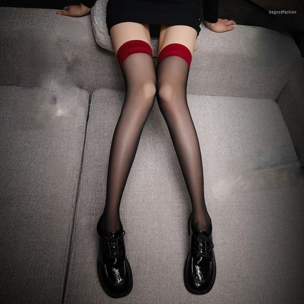 Damensocken Mädchen Oberschenkel hoch über dem Knie Sexy Spitze Netzstrümpfe Nylon lange feste Strumpfwaren schwarz rot breiter Rand dünn