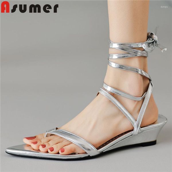 2023 Sandalen ASUMER Echtes Leder Slingbacks Top Verkauf Damen Schnürung Party Frauen Wedges Med Heels Schuhe 318