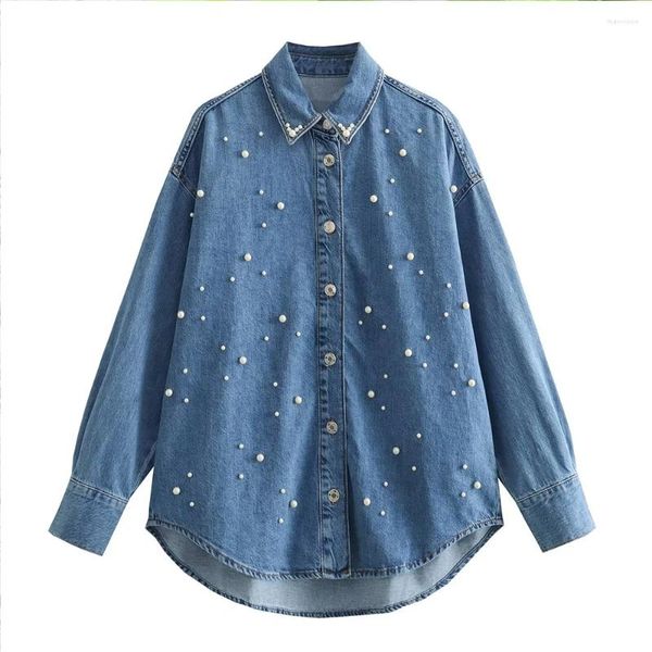 Jaquetas femininas pérola artificial denim camisa casual solta chique cor sólida topo moda retro botão de manga longa