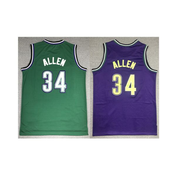 Ropa de baloncesto estadounidense Ray Allen 34 retroceso hombres camisetas verde púrpura mitchell ness camisa tamaño adulto jersey cosido orden de la mezcla
