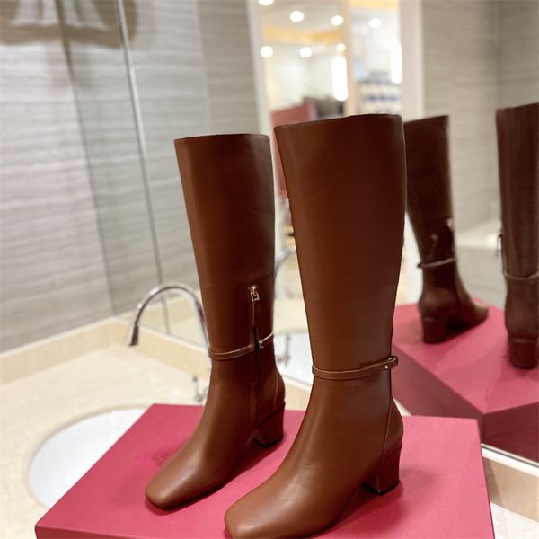 Heißer Verkauf – Designer-Kniehohe Stiefel aus Kunstleder für Damen mit spitzer Zehenpartie, lange Stiefel mit klobigem Block und hohem Absatz, Schwarz, Aprikosenbraun, Eurogröße 35–41