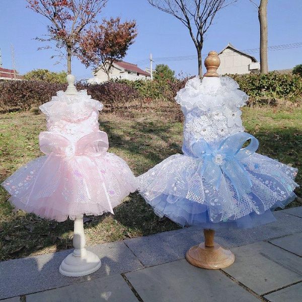 Vestidos lindos pet filhote de cachorro cão luxo vestido de princesa luz azul rosa moda lantejoulas bowknot casamento tutu vestidos para cães pequenos roupas para animais de estimação