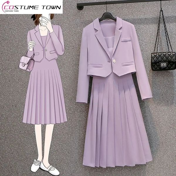 Zweiteiliges Kleid 4XL Koreanischer Stil Lavendel Lila Jacke Blazer Sexy Plissee Strap Set Elegante Damen Hosenanzug Büro Outits 231127
