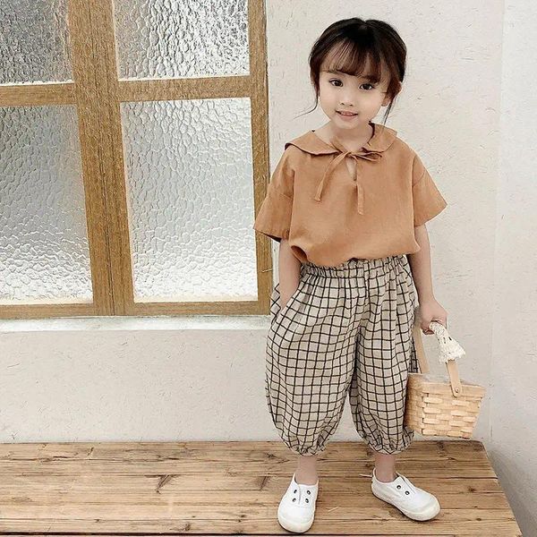 Set di abbigliamento Casual Cotone Lino Vestiti per bambine Top con fiocco T-shirt Camicette Pantaloni scozzesi per bambini Pantaloni Bambini