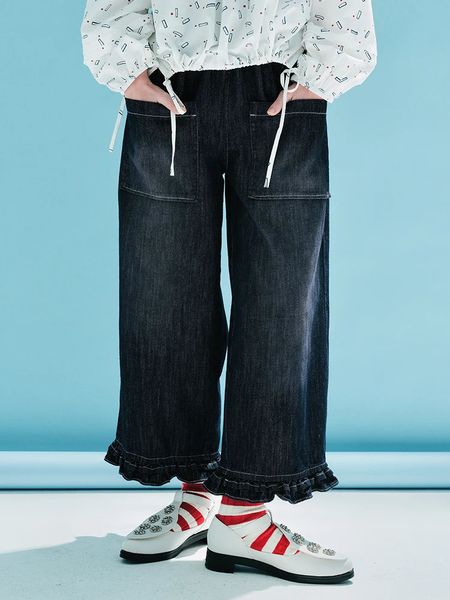 Jeans da donna Imakokoni design originale jeans primaverili con elastico in vita puro cotone con volant pantaloni casual dritti e larghi 233984 231127