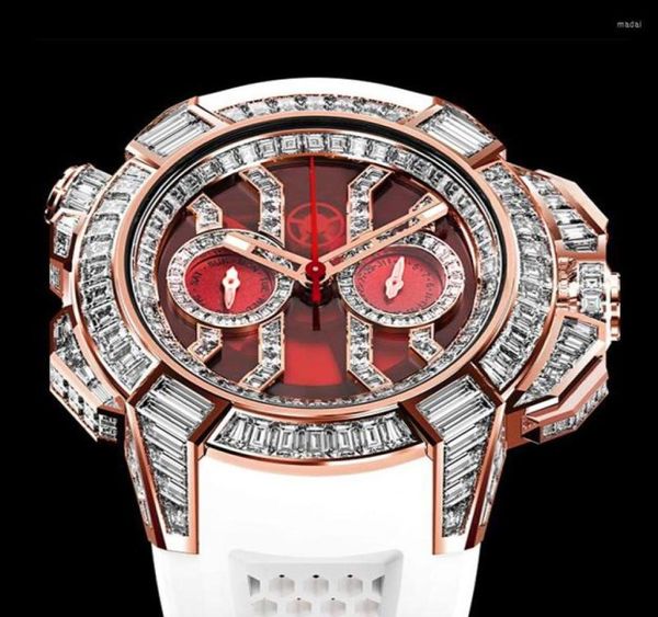 Armbanduhren Hip Hop Uhren Männer Luxus Top Marke Epic X Serie Roségold Baguette Diamant Weiß Gummi Chrono Rot Männliche Uhr8207963