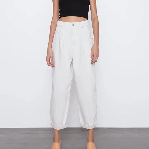 Джинсы женские джинсовые брюки высокие шаровары белые повседневные свободные брюки с карманами уличная одежда модные брюки INS TRF женские брюки