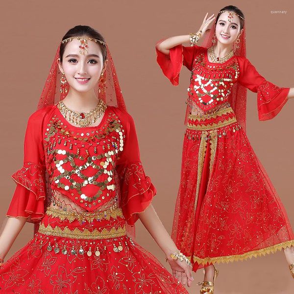 Stage Wear 4 Teile / satz Chiffon Bollywood Kleid Kostüm Frauen Tanz Set Sari Bauch Outfit Performance Kleidung Hohe Qualität