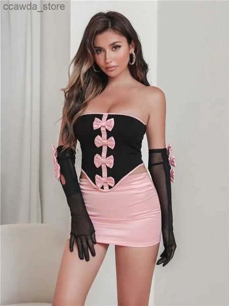 Saias 2023 Sexy Strapless Bows Trim Mulheres Dois Conjuntos de Peças Luvas Pretas Tops Rosa Saias Femininas Verão Skinny Fashion Party Clubwear Q231128