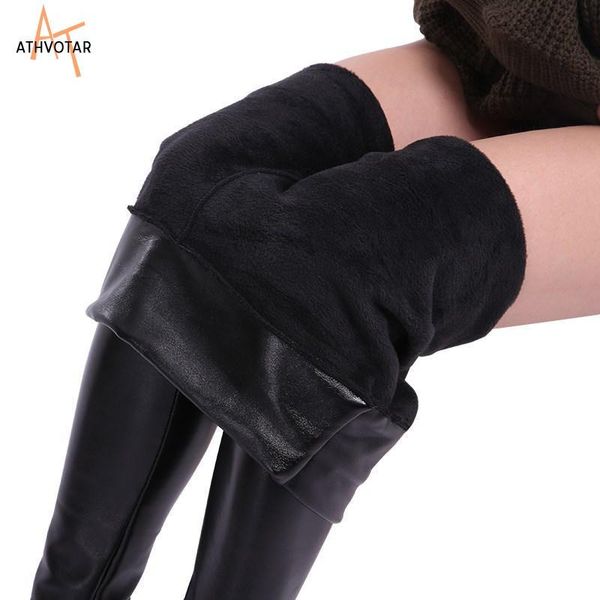 Leggings Athvotar Winter Leder Leggings Velvet Schwarze Legging für Frauen warme dicke Leggings kaltefreude Frauen Hosen xs2xl