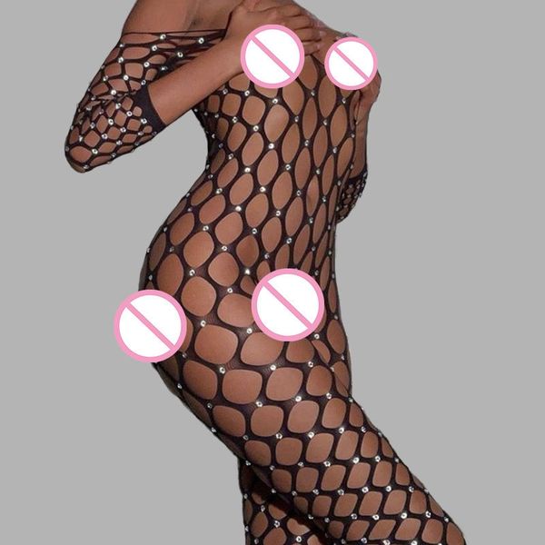 Meias sexy plus size mulheres lingerie transparente vestido pornô erótico uma peça de fishnet meias de broca brilhante trajes exóticos 230427