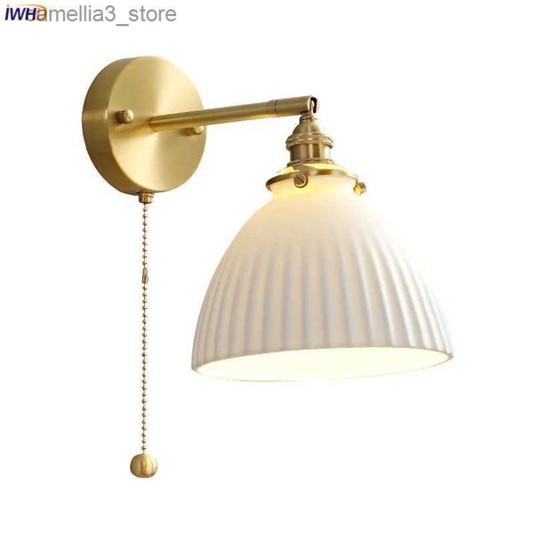 Lâmpadas de parede IWHD Nordic Modern Edison Wall Sconce Lâmpada Pull Chain Switch Quarto Banheiro Espelho Luz Cobre Cerâmica Wandlamp Luminaria LED Q231127