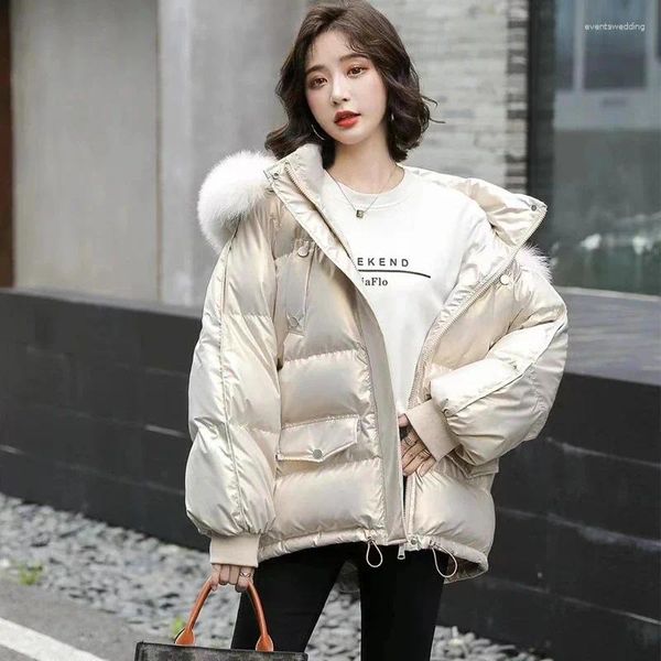 Casacos de Trench das Mulheres Neve Roupas Puffer Jaqueta Mulheres Preto Branco Com Capuz Manga Longa Cortada Parkas Moda Coreana Solta Grosso Inverno