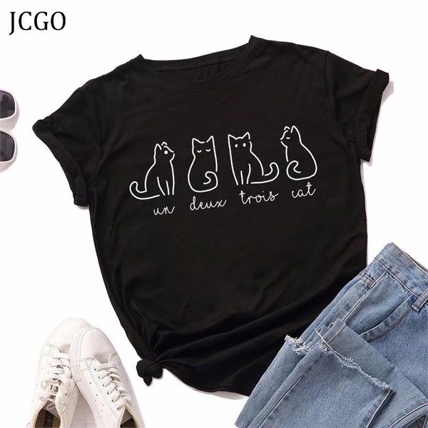 Camiseta jcgo verão feminino camiseta s5xl versátil algodão gatos fofos impressão de manga curta femininas camisetas básicas tops casual oneck feminino camiseta feminina