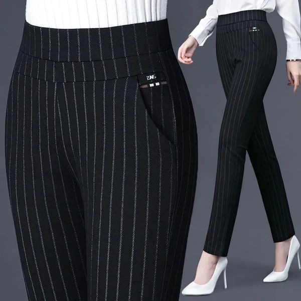 Женские брюки-капри, весна-осень, женщины среднего возраста с эластичной резинкой на талии, повседневные прямые брюки, женские брюки, женские брюки-карандаш в полоску, черные брюки 5XL1833 231124