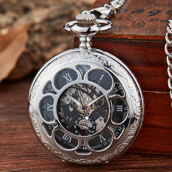 Pocket Watches Gold Gold Gold Mechanical Hand Wind Blue Roman Numeral Dial Flip Watch Men Relógio com FOB Chain Gift Box 230426