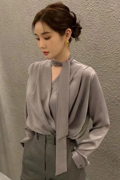 Damenblusen, Korea-Chic, Frühlings-Temperament, V-Ausschnitt, Band-Design, lockere Puffärmel-Falte, solide Hemden, Damen-Blusas, Bluse, Arbeitsoberteile