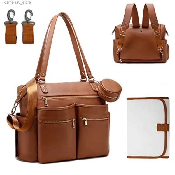 Wickeltaschen, Leder-Wickeltasche, Tragetasche, Rucksack für Mama, Papa, Babywindel-Organizer mit Wickelstation, Kinderwagengurten, Schnulleretui, Junge und Mädchen, Q231127