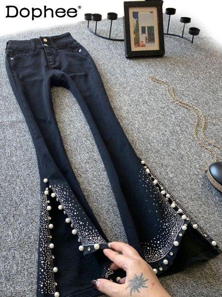 Jeans Harajuku Schwarze Pailletten Flared Jeans für Frauen 2022 Neue Sommer hohe Taille Schlampe Diamant Perlen Split Denim Bellbottomed Hosen