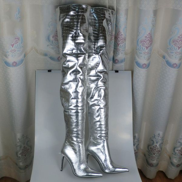 Olomm 2023 Женщины бедра высокие ботинки Stiletto High Hells Boots Loced Super Sexy Silver Night Club Shoes Women Us размер 5-15