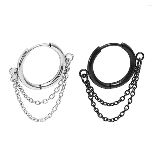 Orecchini a cerchio 2 pezzi / set in acciaio inossidabile piccoli per le donne Cerchio nero spesso anello per l'orecchio piercing nappa con catena di gioielli