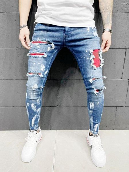 Erkekler kot moda erkek ince streç sıska sıska patchwork renk mavi yırtık jean erkek sokak kıyafetleri y2k denim punk pantolon pantalones hombre