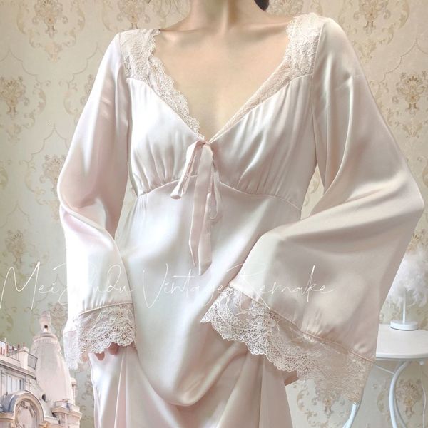 Sexy Pyjamas QWEEK Satin Nachthemd Elegante Feenkleider Frauen Herbst Nachtwäsche Spitze Nachtwäsche Langarm Vintage Nachthemd Sexy Kleid Vestidos 230427