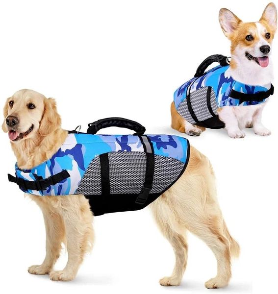 Abbigliamento per cani Giubbotto di salvataggio Ripstop Alta galleggiabilità Estate Pet Costume da bagno mimetico di sicurezza regolabile Abbigliamento riflettente con maniglia di salvataggio