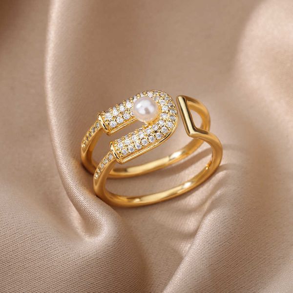 Anéis de banda Anéis de alfinete de pino de segurança de zircão para mulheres aço inoxidável cor de ouro ajustável imitação pérola anel de casamento judeu judeu aa230426