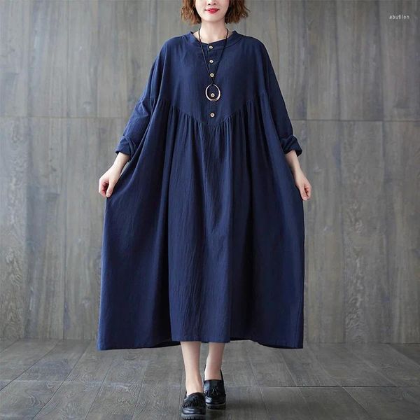 Lässige Kleider Johnature Frauen Vintage Lose Kleid Baumwolle Leinen Oansatz Langarm Kleidung 2023 Herbst Koreanischen Stil Einfache