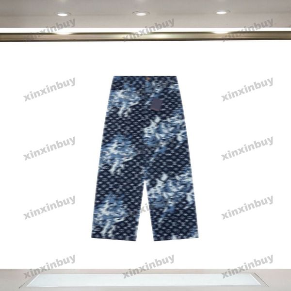 xinxinbuy Uomo donna jeans firmati pantaloni mimetici Lettera jacquard set denim Primavera estate Pantaloni casual nero blu grigio XS-2XL