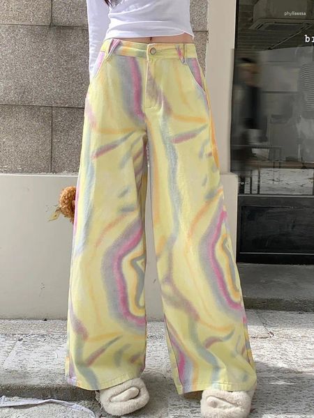 Frauen Jeans 2023 Ropa Y2K Mode Star Tie Dye Gelb Breite Bein Hosen Für Frauen Kleidung Gerade Baggy Koreanische Casual dame Lange Hosen