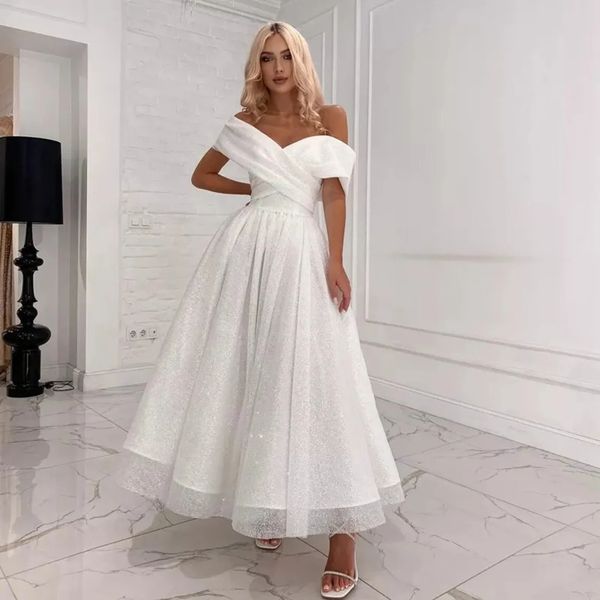 Glitter branco lantejoulas uma linha vestidos de casamento fora do ombro tornozelo comprimento vestidos de noiva simples chique vestido de noiva 2024