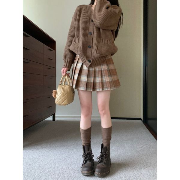 Saias de outono e inverno Chain High Slimming Slimming Aline Plaid Pleed College Wind Woolen Bust Salia Mulheres 210521