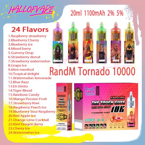 Original RandM Tornado 10000 Puff Caneta Vape Descartável 20ml 0,8 OhmMesh Bobina 0% 2% 3% 5% Nível 1100mAh Recarregável Bettery 24 Sabores E Cigarros Puffs 10k