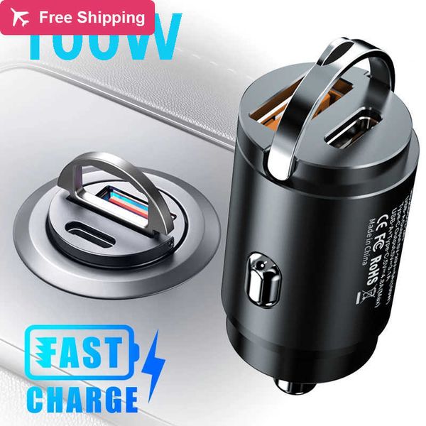 Caricabatteria USB per auto 100W Super Charge USB-A Adattatore per accendisigari USB-C Caricatore per telefono nascosto per iPhone Huawei Samsung