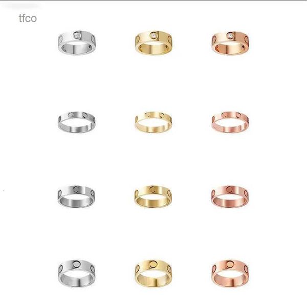 2024 anéis de designer amor feminino anel casal jóias banda titânio aço com diamantes casual moda rua clássico ouro prata rosa tamanho opcional 4 /5 / 6mm caixa vermelha