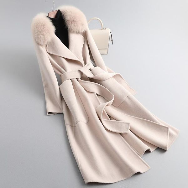 Mistura a moda feminina Long Lamb Loolen Trench Coat com Genuine Fox Collar Fur Lady, com cinto de longa data com bolsos