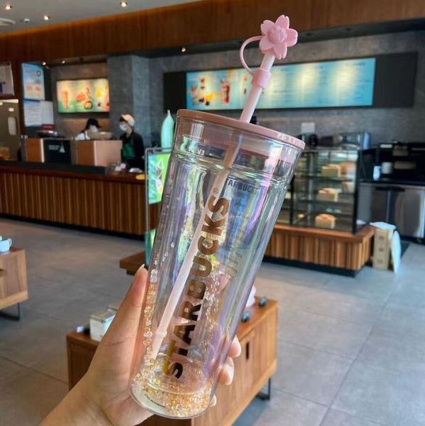 2023 criativo (bebida) Starbucks canecas rosa flor de cerejeira urso Mason vidro duplo de grande capacidade com copo de canudinho caneca de café